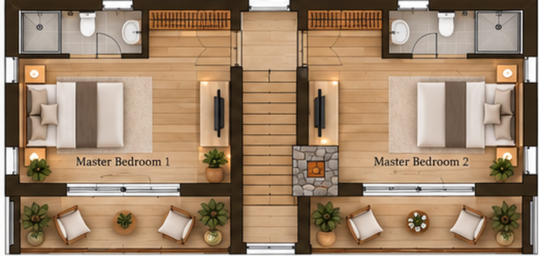 First floor with two master suites and private balconies