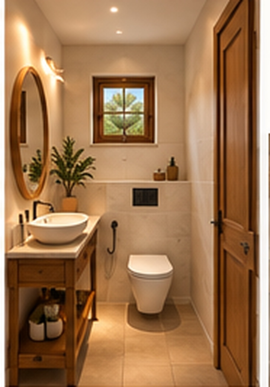A compact guest bathroom positioned at the rear.