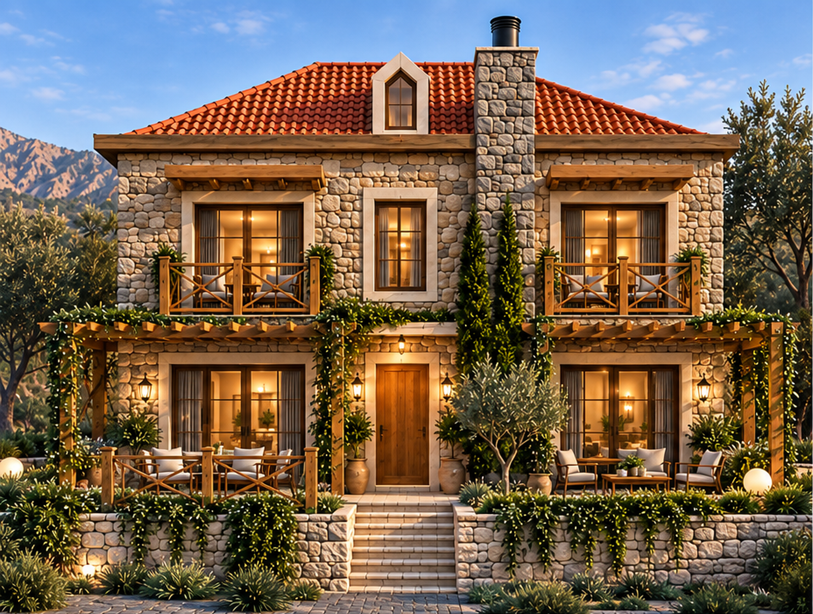 Ville Estate stone villas with terracotta roofs and rustic grey stone chimneys