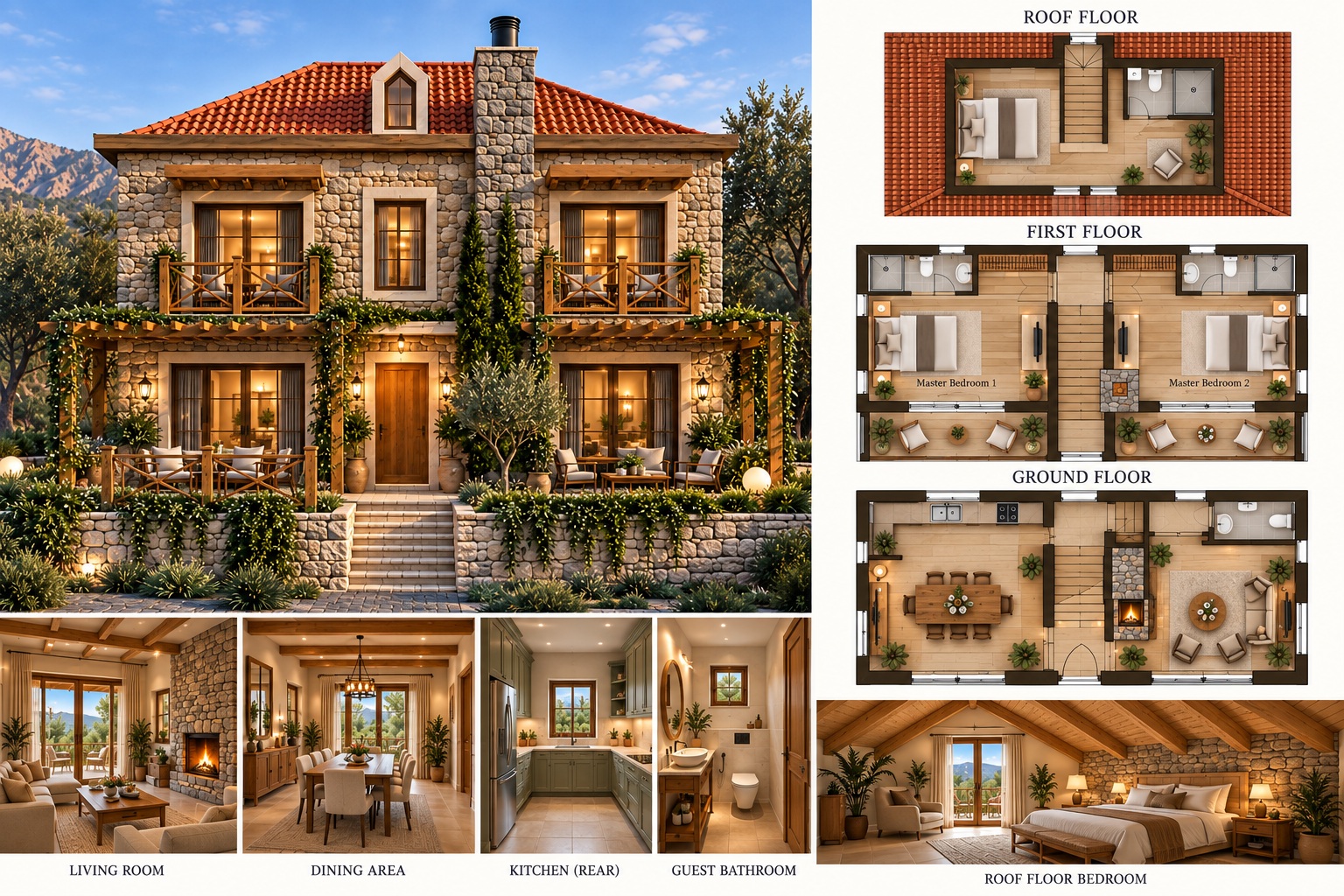 Facade, interiors and all three floor plans in the updated concept.