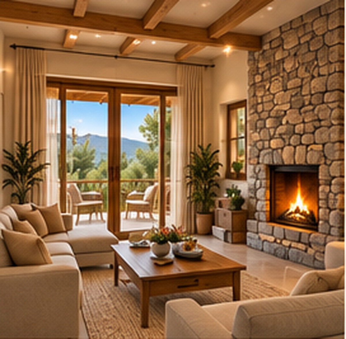 Living room with stone fireplace in the updated Ville Estate villa